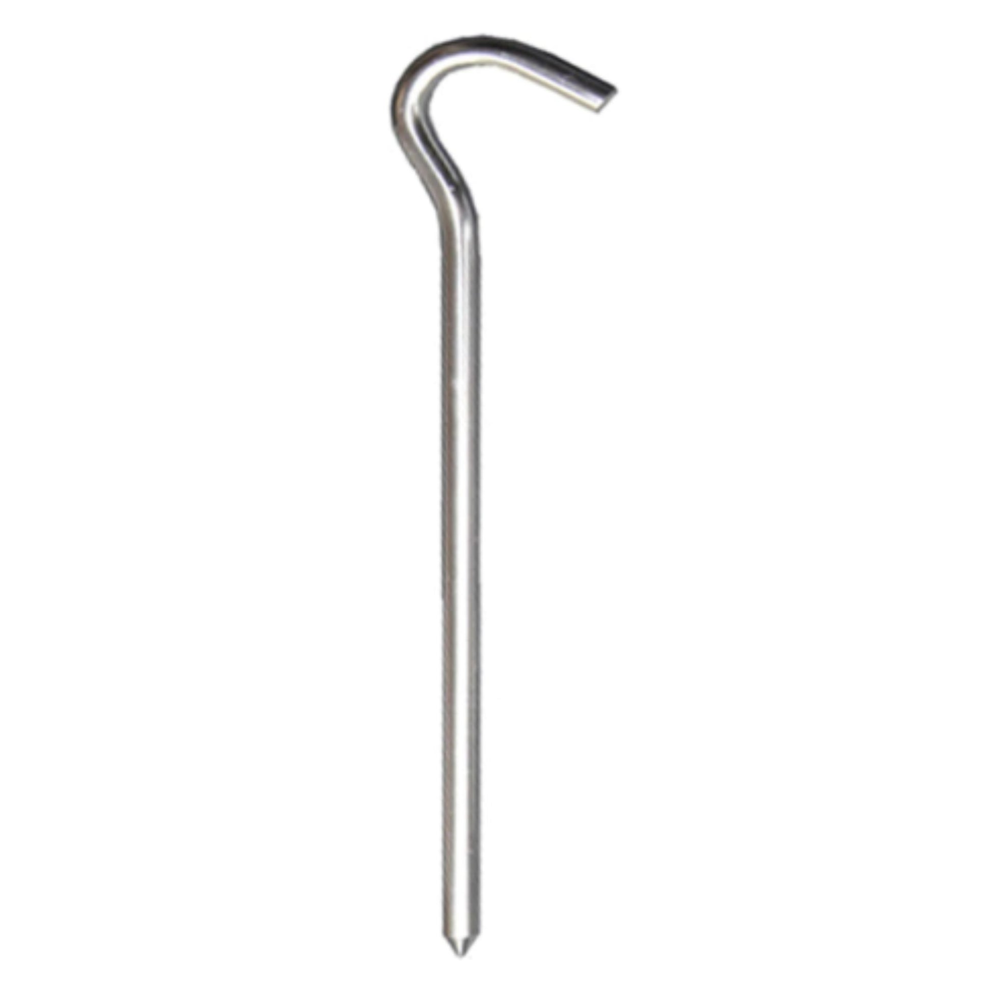 Metal tent stake with curved hook on a white background