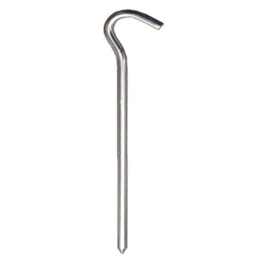 Metal tent stake with curved hook on a white background