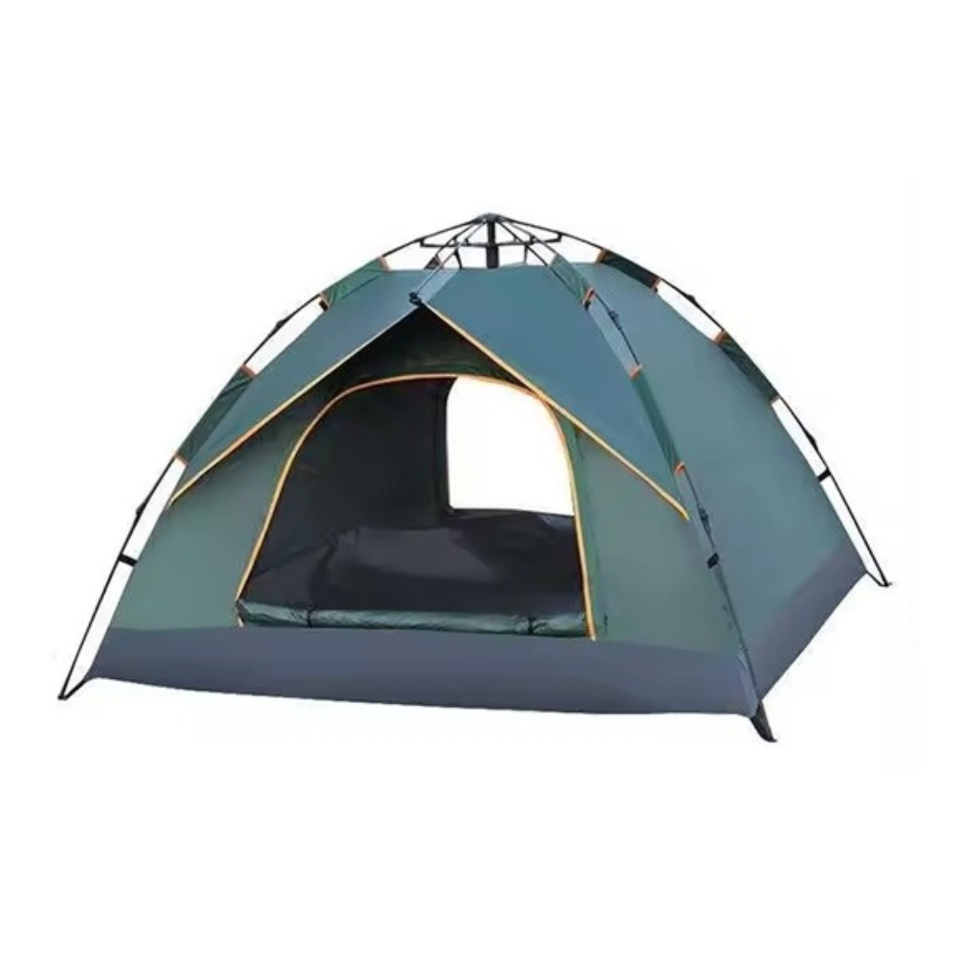 Man sitting next to a green camping tent in a mountainous landscape