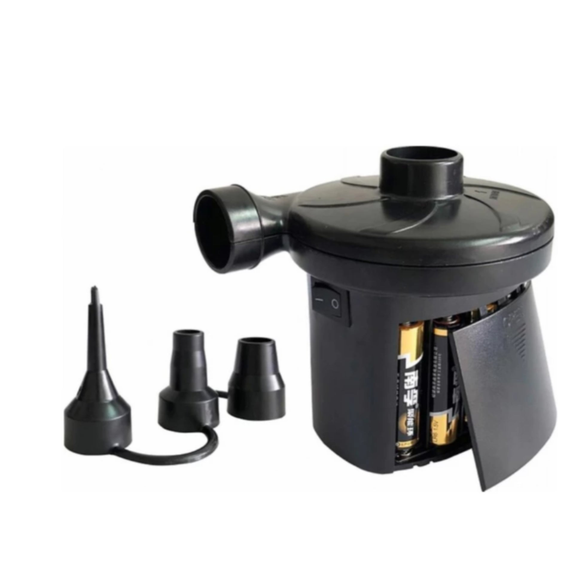 Black inflatable pump with various nozzles and battery compartment on a white background