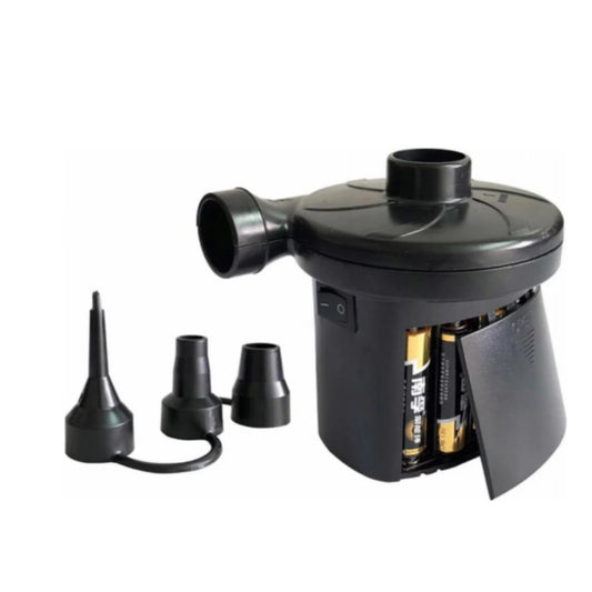 Black inflatable pump with various nozzles and battery compartment on a white background
