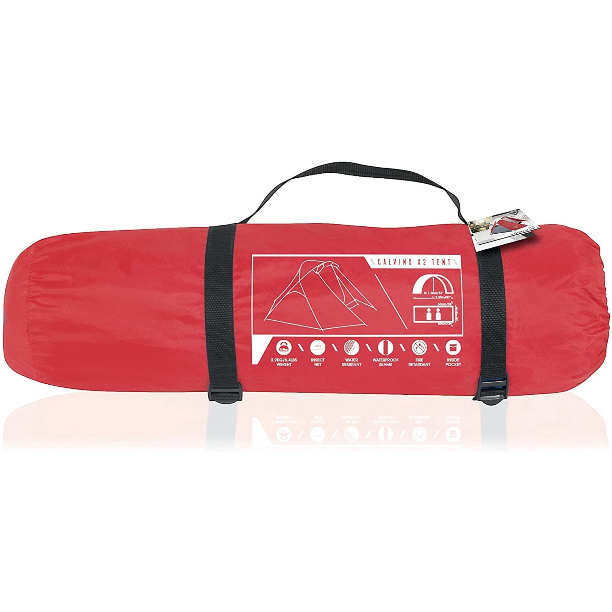 Red camping towel with black straps and a white graphic on a white background