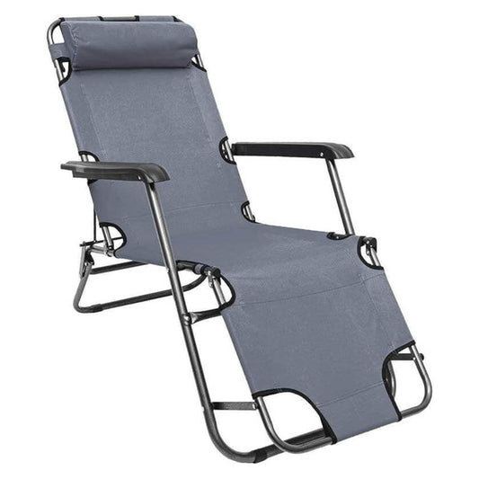 Gray lounge chair with black metal frame on a white background