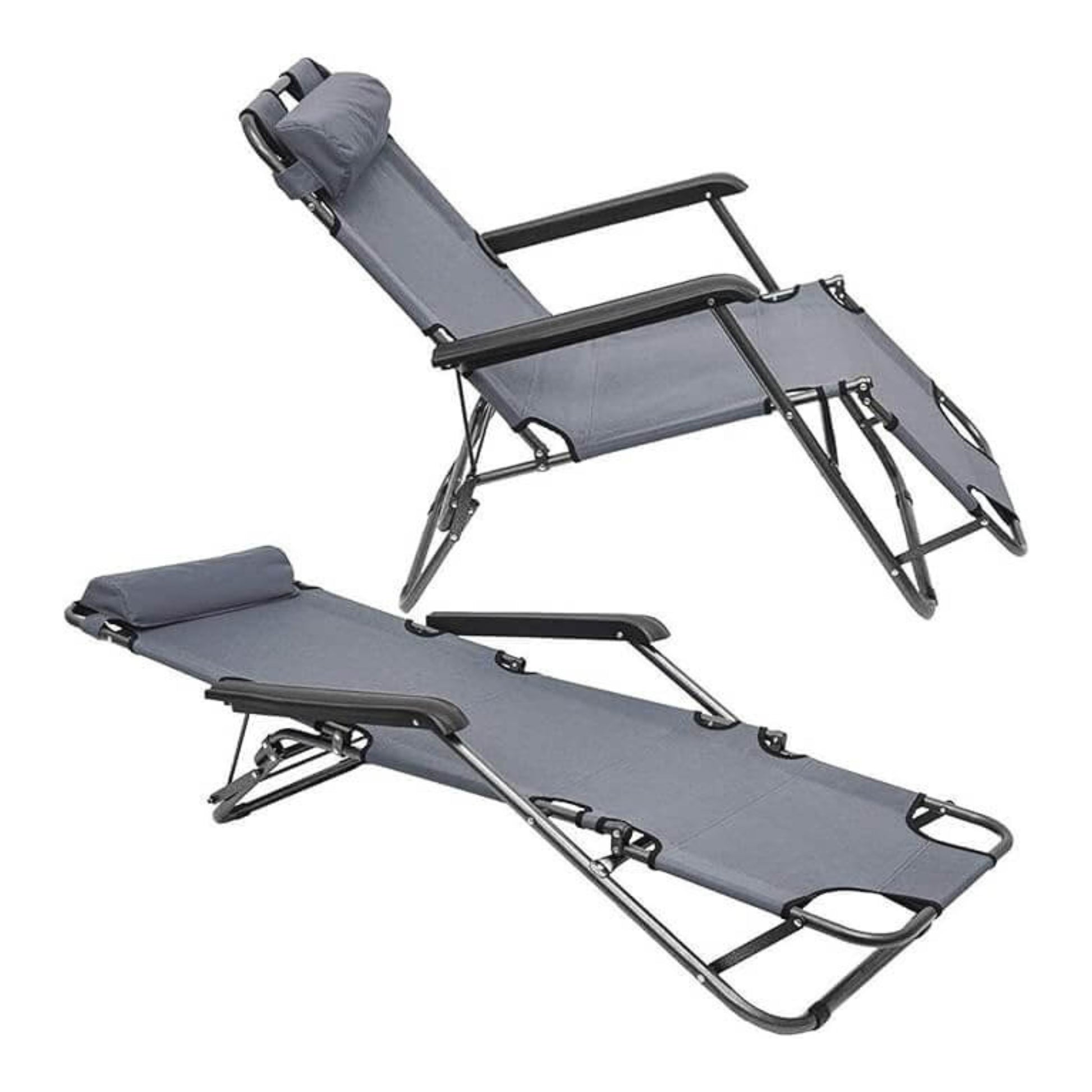 Two gray folding lounge chairs on a white background