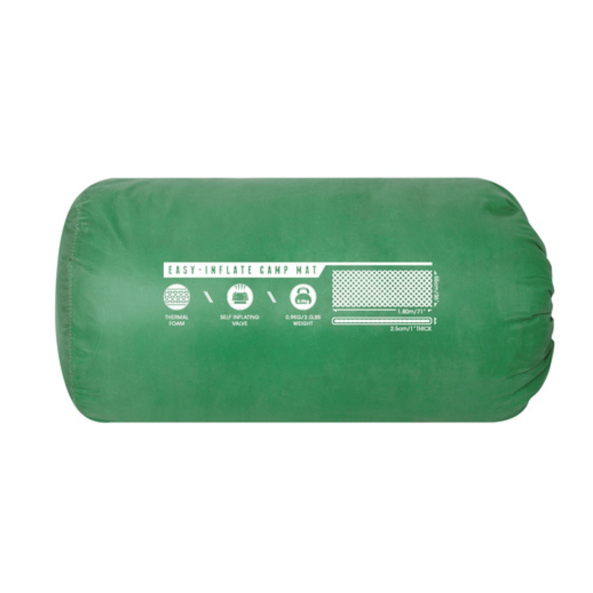 Green inflatable camping mat with brand logo on a white background