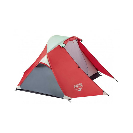 Red and gray tent with a visible brand logo on a white background
