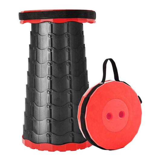 Black and red folding stool with carrying case on a white background