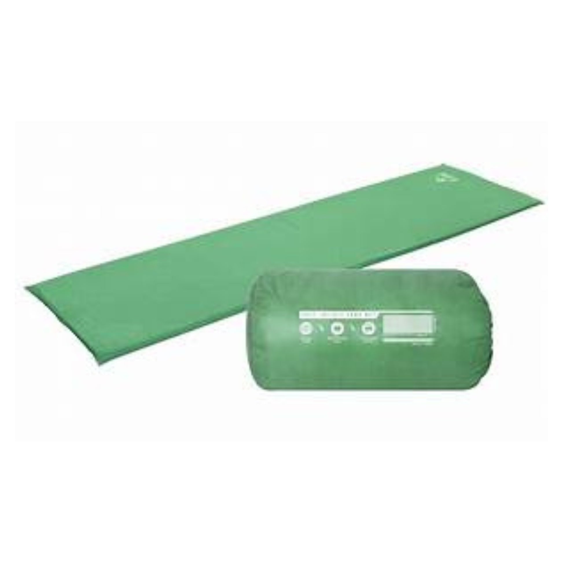 Green camping mat and rolled-up sleeping pad on a white background