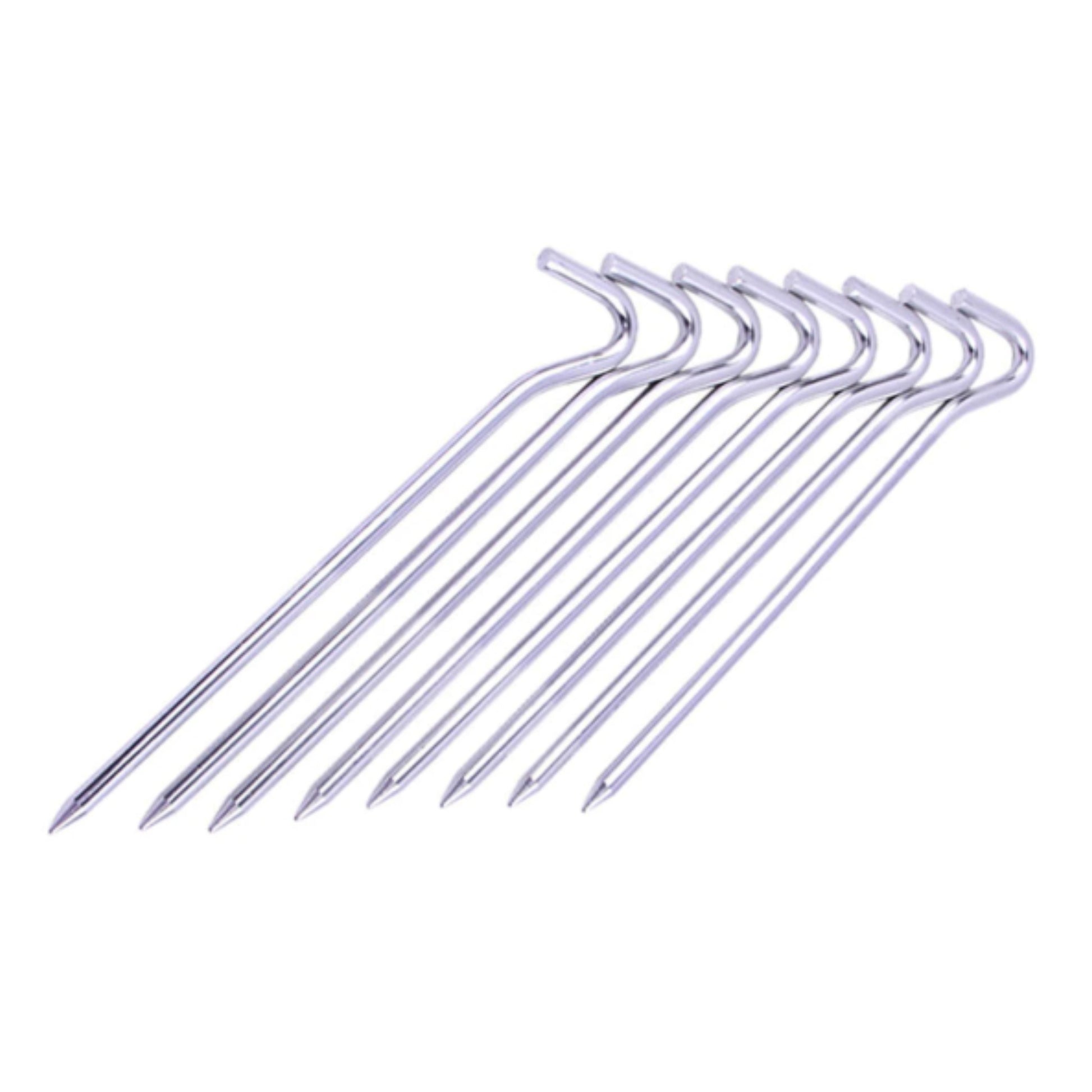 Set of metal tent stakes on a white background