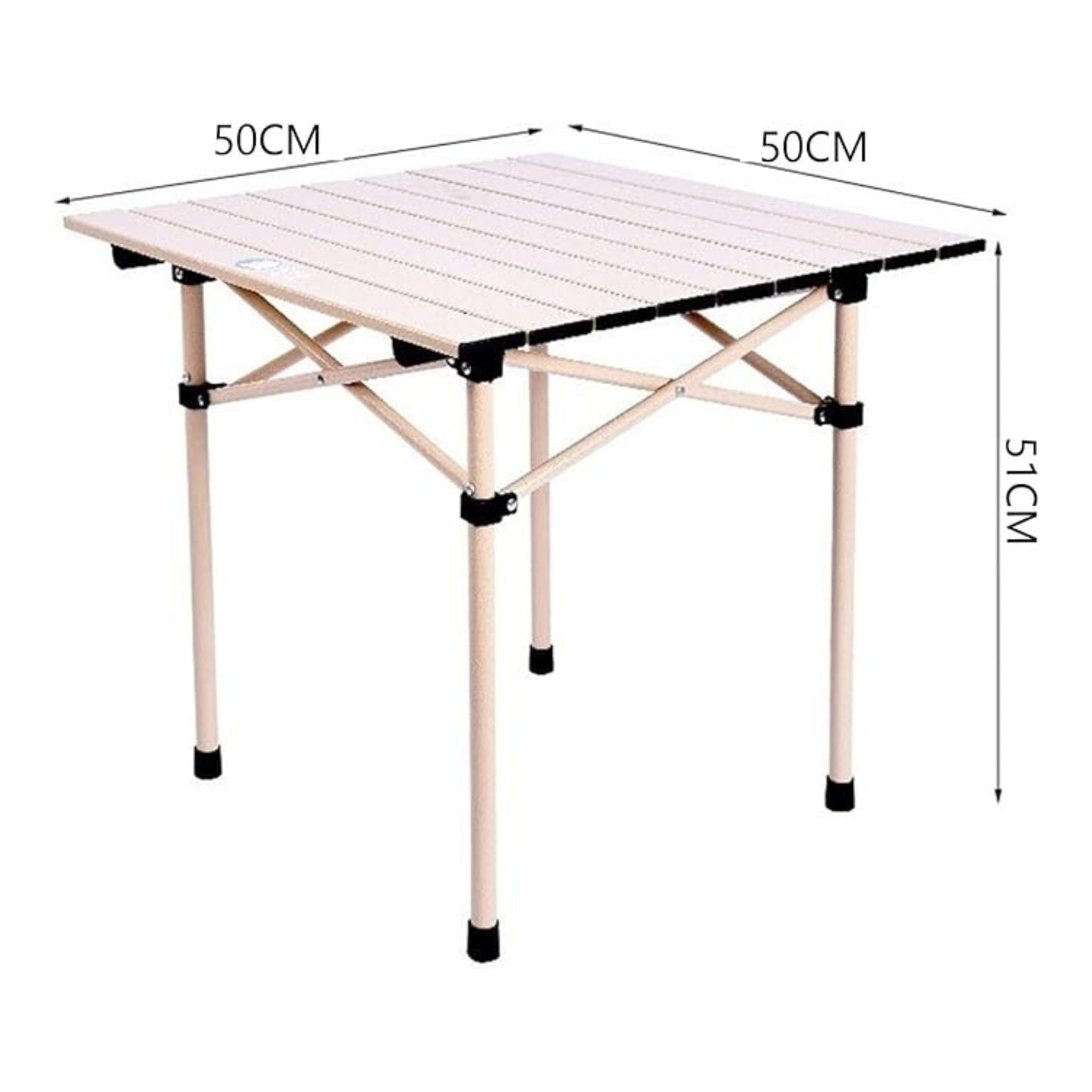 Foldable camping table with dimensions on a white background