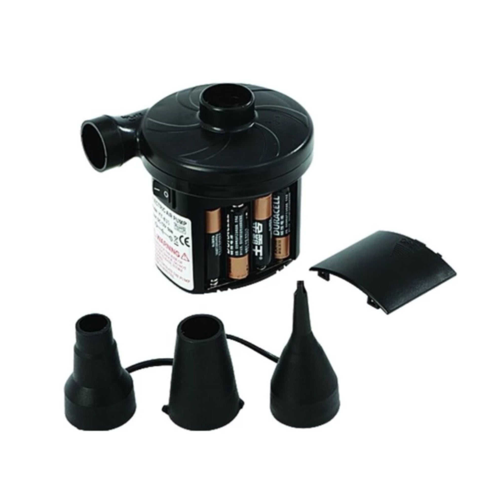 Black inflatable pump with various nozzles on a white background