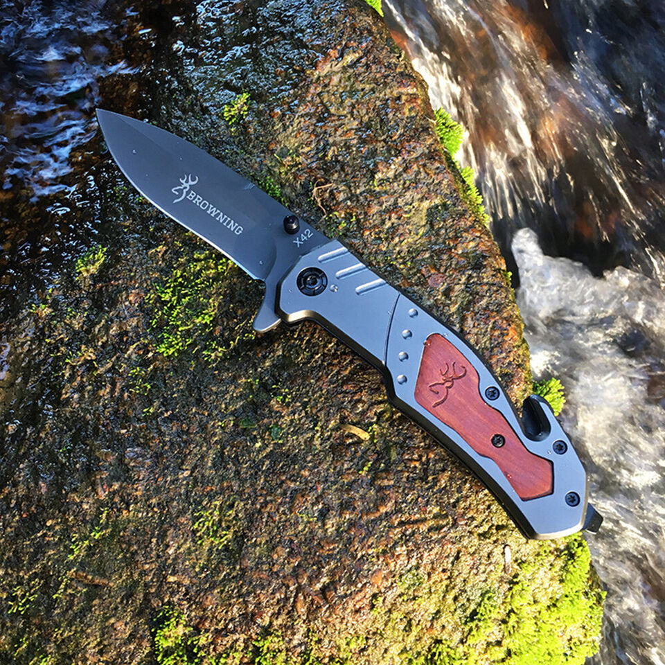 Browning Folding Knife X42 | 205 mm Wood & Steel Tactical Knife – 440 Stainless Steel Blade - campassion.leb