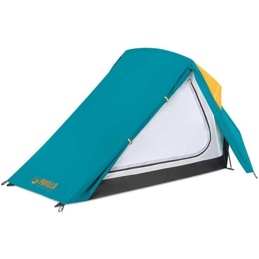 Teal camping tent with a white door on a white background